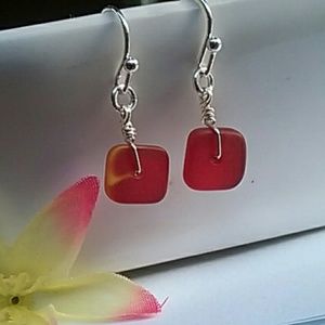 Square Red Sea Glass Silver Dangle Earrings